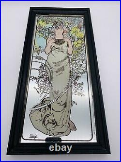 Set of 2 Alphonse Mucha Picture Mirrors Signed Framed 1970s Art Nouveau