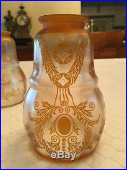 Set of 2 Antique Art Nouveau Acid Etched Gold Iridescent Glass Lamp Shades