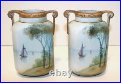 Set of (2) Art Nouveau Deco Nippon Hand Painted Sailboat Vases