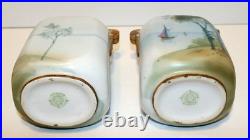 Set of (2) Art Nouveau Deco Nippon Hand Painted Sailboat Vases