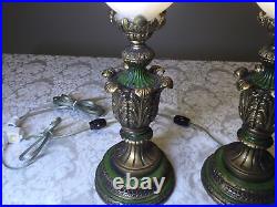 Set of 2 Art Nouveau Regency Style Green + Gold Up light Torchiere Table Lamp