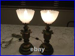 Set of 2 Art Nouveau Regency Style Green + Gold Up light Torchiere Table Lamp