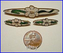 Set of 3 Antique Art Nouveau Floral Enameled Brass Beauty Bar Pin Brooches