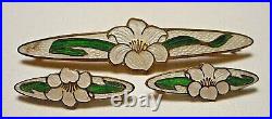 Set of 3 Antique Art Nouveau Floral Enameled Brass Beauty Bar Pin Brooches