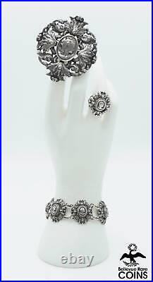 Set of 3 Sterling Silver Art Nouveau Cameo Matching Brooch, Ring & Bracelet