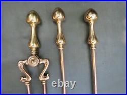 Set of 3 antique Art Nouveau copper & bronze fire irons poker tongs & shovel