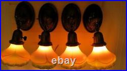 Set of 4 Antique Brass Wall Sconce Lights with Steuben Pulled Feather Art Glass