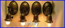 Set of 4 Antique Brass Wall Sconce Lights with Steuben Pulled Feather Art Glass