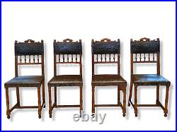 Set of 4 English Art Nouveau highly Decorated Leather Embossed Oak Chairs c. 1900