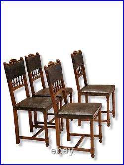 Set of 4 English Art Nouveau highly Decorated Leather Embossed Oak Chairs c. 1900