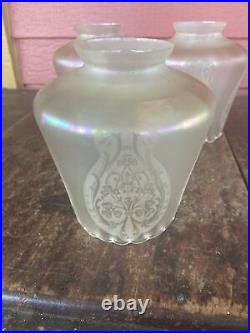 Set of 4 Iridescent Art Nouveau Etched Glass Electric Lamp Light Fixture Shades