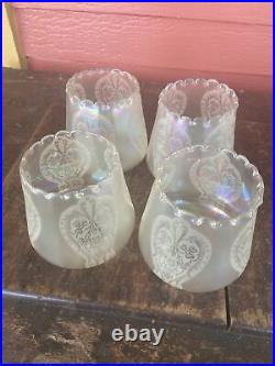 Set of 4 Iridescent Art Nouveau Etched Glass Electric Lamp Light Fixture Shades