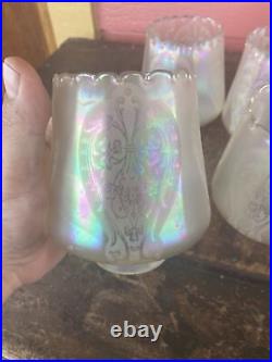 Set of 4 Iridescent Art Nouveau Etched Glass Electric Lamp Light Fixture Shades