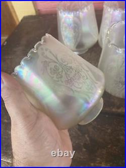 Set of 4 Iridescent Art Nouveau Etched Glass Electric Lamp Light Fixture Shades