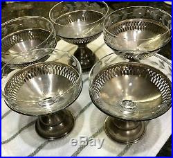 Set of 5 Sterling Silver Champagne Glasses Holders with Etched Glass Inserts