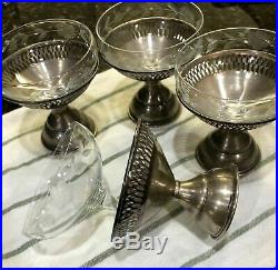 Set of 5 Sterling Silver Champagne Glasses Holders with Etched Glass Inserts