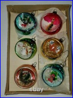 Set of 6 Vtg Japan MERCURY GLASS Indent DIORAMA 3 D Feather Tree Ornaments 2