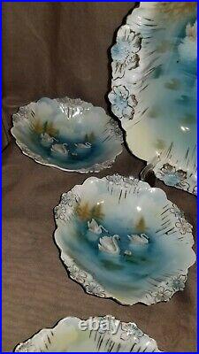 Set of Antique RS Prussia Icicle & Flower Mold Swans Large Bowl & 6 small Bowls
