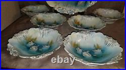 Set of Antique RS Prussia Icicle & Flower Mold Swans Large Bowl & 6 small Bowls
