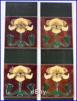 Set of Stovax Yellow Iris Art Nouveau Tube Lined Fireplace Tiles Birmingham