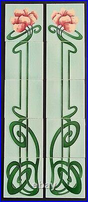 Set of Ten Art Nouveau Floral Majolica Fireplace Tiles by Ollivant C1900