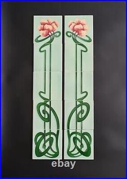 Set of Ten Art Nouveau Floral Majolica Fireplace Tiles by Ollivant C1900