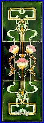 Set of Three Antique Fireplace Art Nouveau Majolica Tiles by T & R Boote Ltd