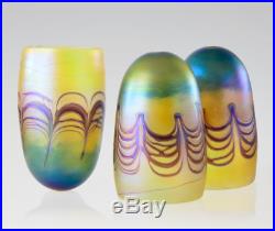 Set of Three Iridescent Pulled Feather Glass Lamp Shades Art Nouveau Lamp Shades