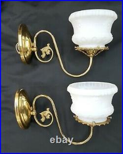 Set of Two Sconces Ornate Brass with White Glass Floral Embossed Shades
