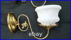 Set of Two Sconces Ornate Brass with White Glass Floral Embossed Shades