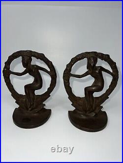 Set of Two Vintage Art Nouveau Nude in Wreath Cast Iron Bookends