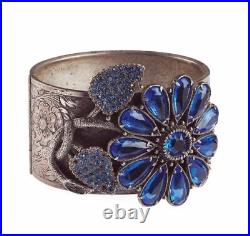 Spectacular Art Nouveau Era Vintage Set Of Bracelet, Clip, Pendant, Blue Floral