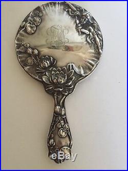 Sterling Silver Classic Maiden Art Nouveau Hand Mirror Brush Dresser Set Antique