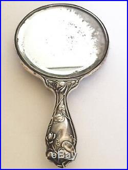 Sterling Silver Classic Maiden Art Nouveau Hand Mirror Brush Dresser Set Antique