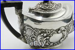 Sterling silver bachelor tea set pot milk sugar Edwardian 1901 floral Walker