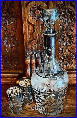 Stunning Antique Art Nouveau Sterling Silver Handblown Glass Decanter Set