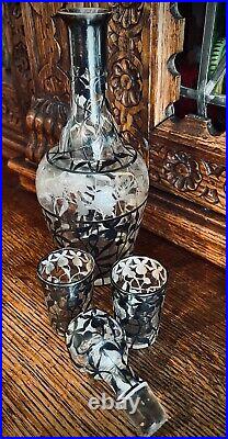 Stunning Antique Art Nouveau Sterling Silver Handblown Glass Decanter Set