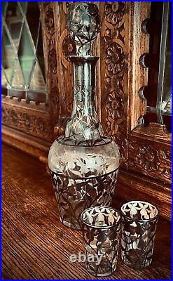 Stunning Antique Art Nouveau Sterling Silver Handblown Glass Decanter Set