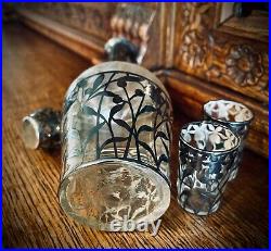 Stunning Antique Art Nouveau Sterling Silver Handblown Glass Decanter Set