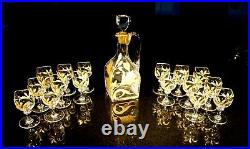 Stunning French Art Nouveau Heavy Crystal Gilt Decanter And 16 Glass Drinks Set