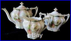 Superb Antique Art Nouveau RS Prussia Roses Tea Set White Tiffany Satin Finish