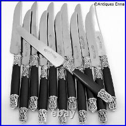 Thiers Rare French Sterling Silver & Ebony Dinner Knife Set 12 Pc, Art Nouveau