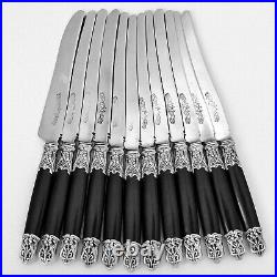 Thiers Rare French Sterling Silver & Ebony Dinner Knife Set 12 Pc, Art Nouveau
