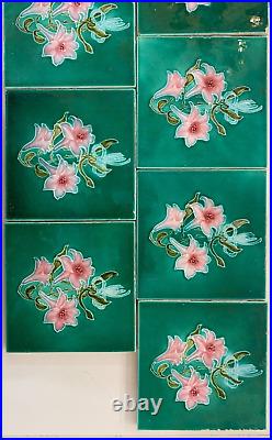 Tiles Antique Art Nouveau Floral Majolica England Set Of 9 Pc Motif Furniture