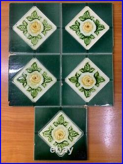 Tiles England Antique Majolica Collectible Rare Art Nouveau Vintage Set Of 5