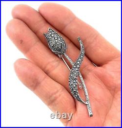 Tulip Pin Brooch Art Nouveau Style 925 Sterling Silver Set With Marcasite