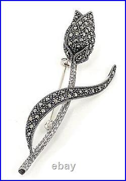 Tulip Pin Brooch Art Nouveau Style 925 Sterling Silver Set With Marcasite