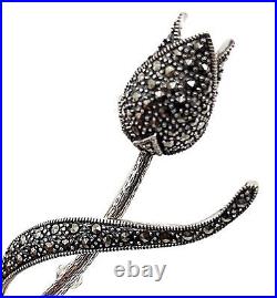 Tulip Pin Brooch Art Nouveau Style 925 Sterling Silver Set With Marcasite