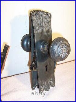 Two Sets Antique Art Nouveau Cast Iron Door Knobs Back Plates Corbin Lock Sets
