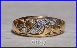 Two Tone Art Nouveau Floral Band in 14K Gold set with Diamonds